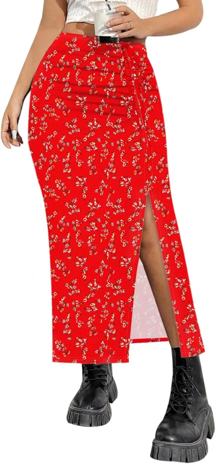 AIMCOO Womens Leopard Print Midi Skirt with Slit Stretchy Ruched Long Skirts Summer Casual Elastic High Waist Floral Skirts