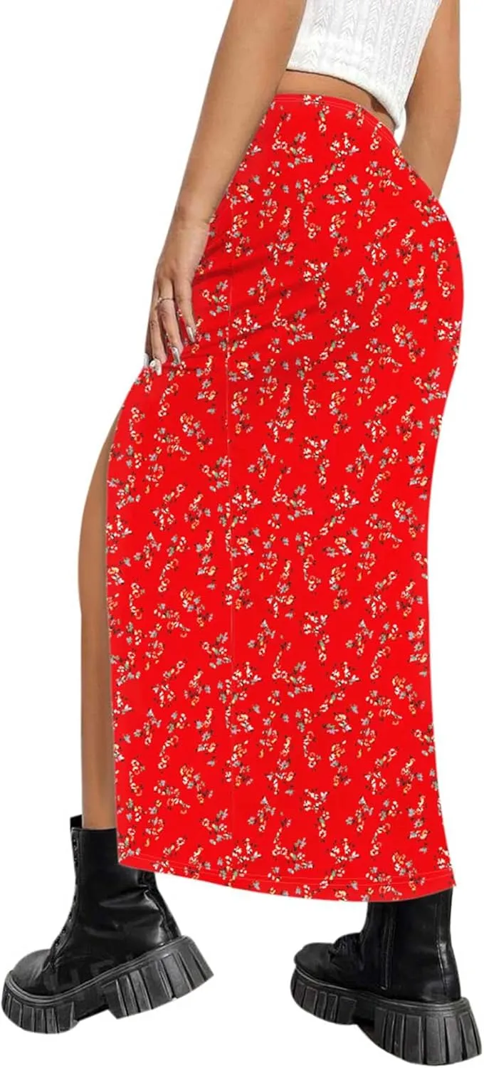 AIMCOO Womens Leopard Print Midi Skirt with Slit Stretchy Ruched Long Skirts Summer Casual Elastic High Waist Floral Skirts