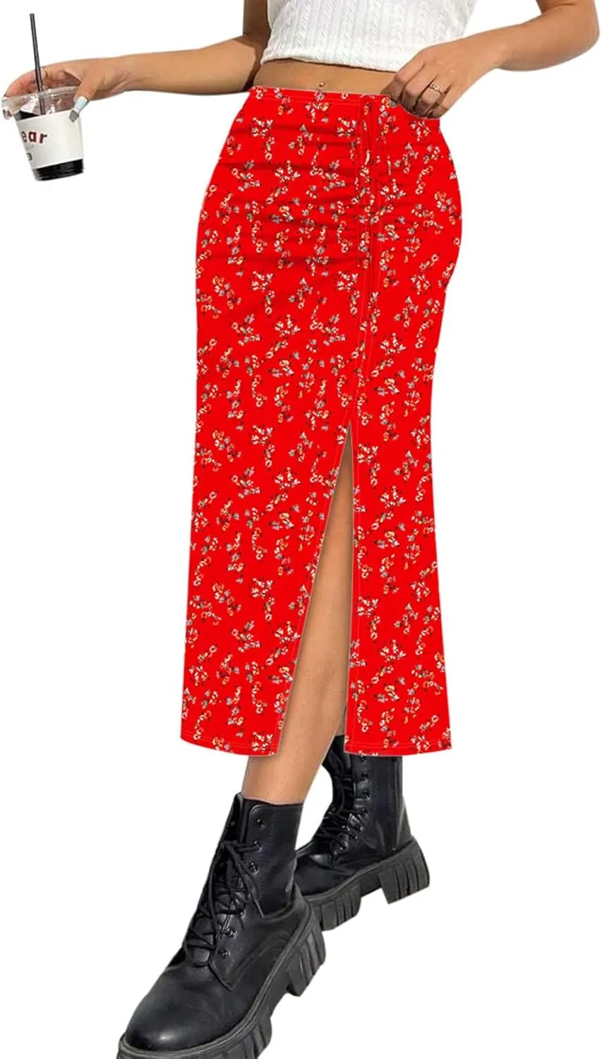 AIMCOO Womens Leopard Print Midi Skirt with Slit Stretchy Ruched Long Skirts Summer Casual Elastic High Waist Floral Skirts