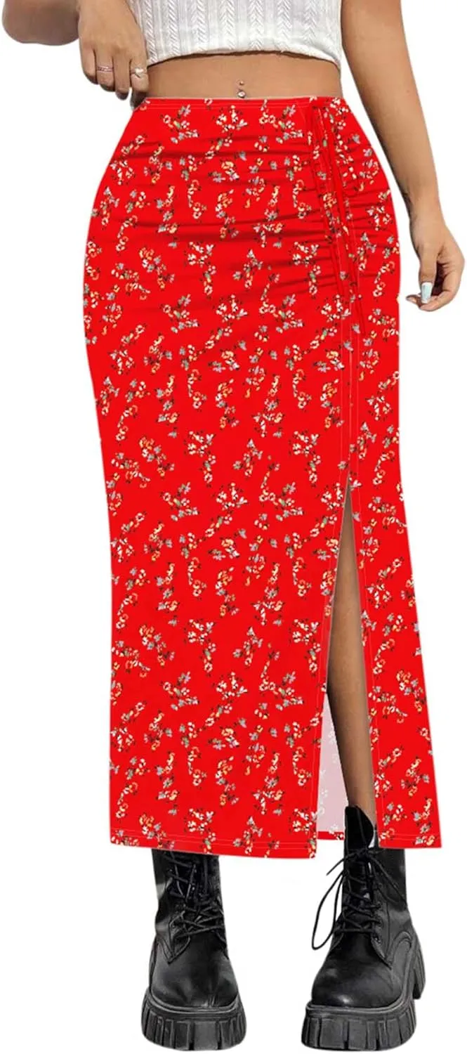 AIMCOO Womens Leopard Print Midi Skirt with Slit Stretchy Ruched Long Skirts Summer Casual Elastic High Waist Floral Skirts