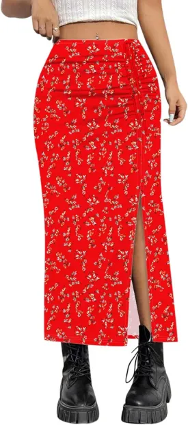 AIMCOO Womens Leopard Print Midi Skirt with Slit Stretchy Ruched Long Skirts Summer Casual Elastic High Waist Floral Skirts