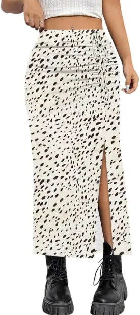 AIMCOO Womens Leopard Print Midi Skirt with Slit Stretchy Ruched Long Skirts Summer Casual Elastic High Waist Floral Skirts