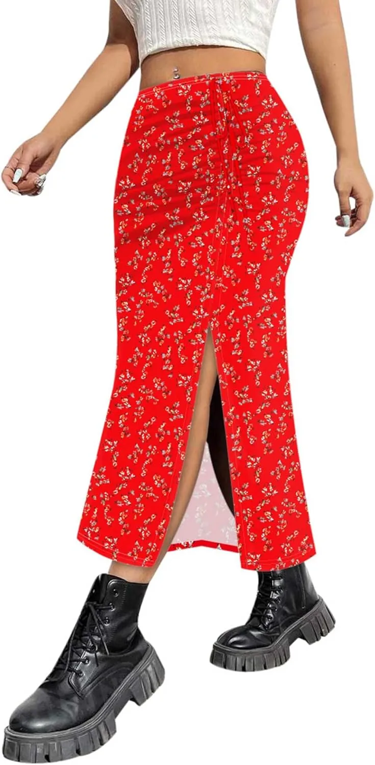 AIMCOO Womens Leopard Print Midi Skirt with Slit Stretchy Ruched Long Skirts Summer Casual Elastic High Waist Floral Skirts
