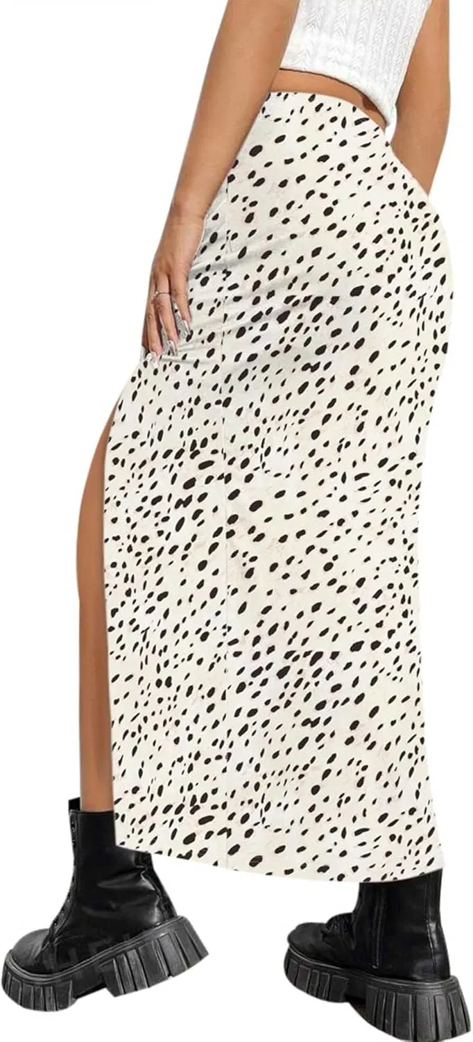 AIMCOO Womens Leopard Print Midi Skirt with Slit Stretchy Ruched Long Skirts Summer Casual Elastic High Waist Floral Skirts
