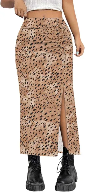 AIMCOO Womens Leopard Print Midi Skirt with Slit Stretchy Ruched Long Skirts Summer Casual Elastic High Waist Floral Skirts