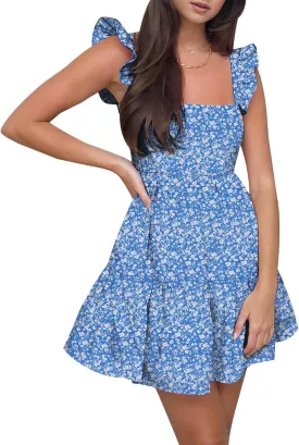 AIMCOO Women's Ruffle Sleeve Summer Sundress Cute Tiered Mini Babydoll Dress A-Line Flowy Short Swing Dresses with Pockets