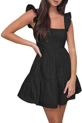 AIMCOO Women's Ruffle Sleeve Summer Sundress Cute Tiered Mini Babydoll Dress A-Line Flowy Short Swing Dresses with Pockets