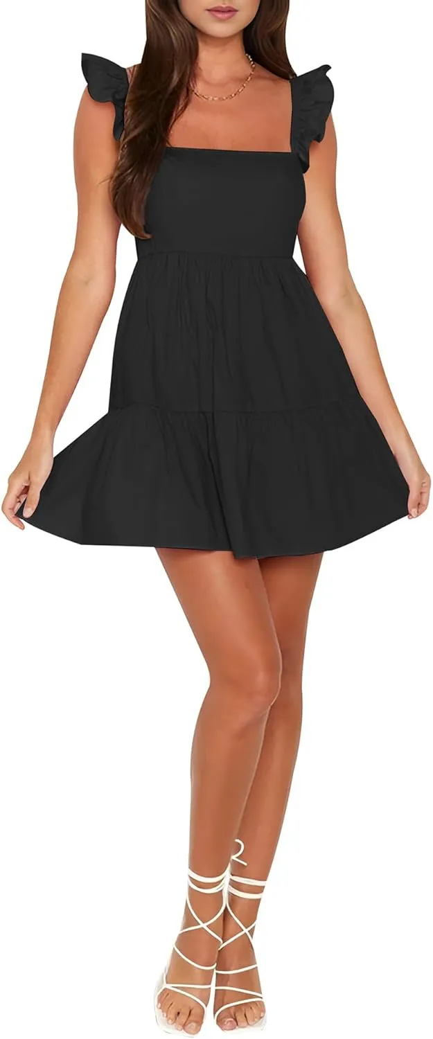 AIMCOO Women's Ruffle Sleeve Summer Sundress Cute Tiered Mini Babydoll Dress A-Line Flowy Short Swing Dresses with Pockets