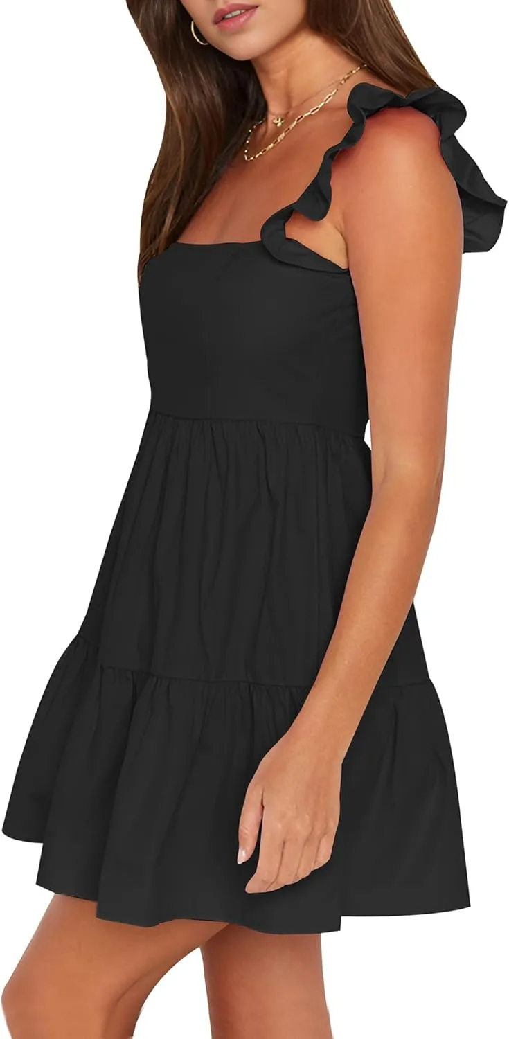 AIMCOO Women's Ruffle Sleeve Summer Sundress Cute Tiered Mini Babydoll Dress A-Line Flowy Short Swing Dresses with Pockets