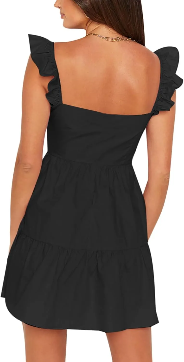 AIMCOO Women's Ruffle Sleeve Summer Sundress Cute Tiered Mini Babydoll Dress A-Line Flowy Short Swing Dresses with Pockets
