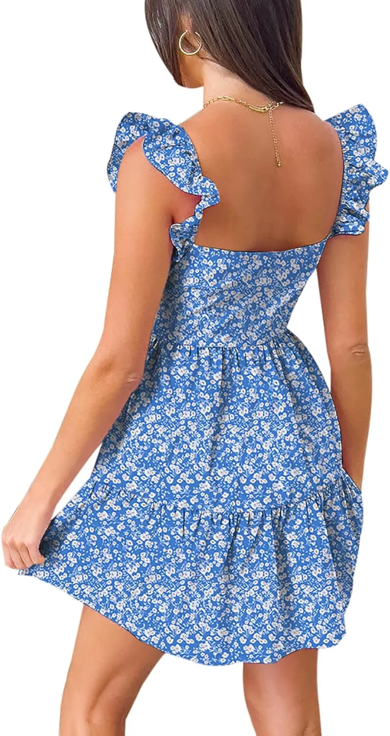 AIMCOO Women's Ruffle Sleeve Summer Sundress Cute Tiered Mini Babydoll Dress A-Line Flowy Short Swing Dresses with Pockets
