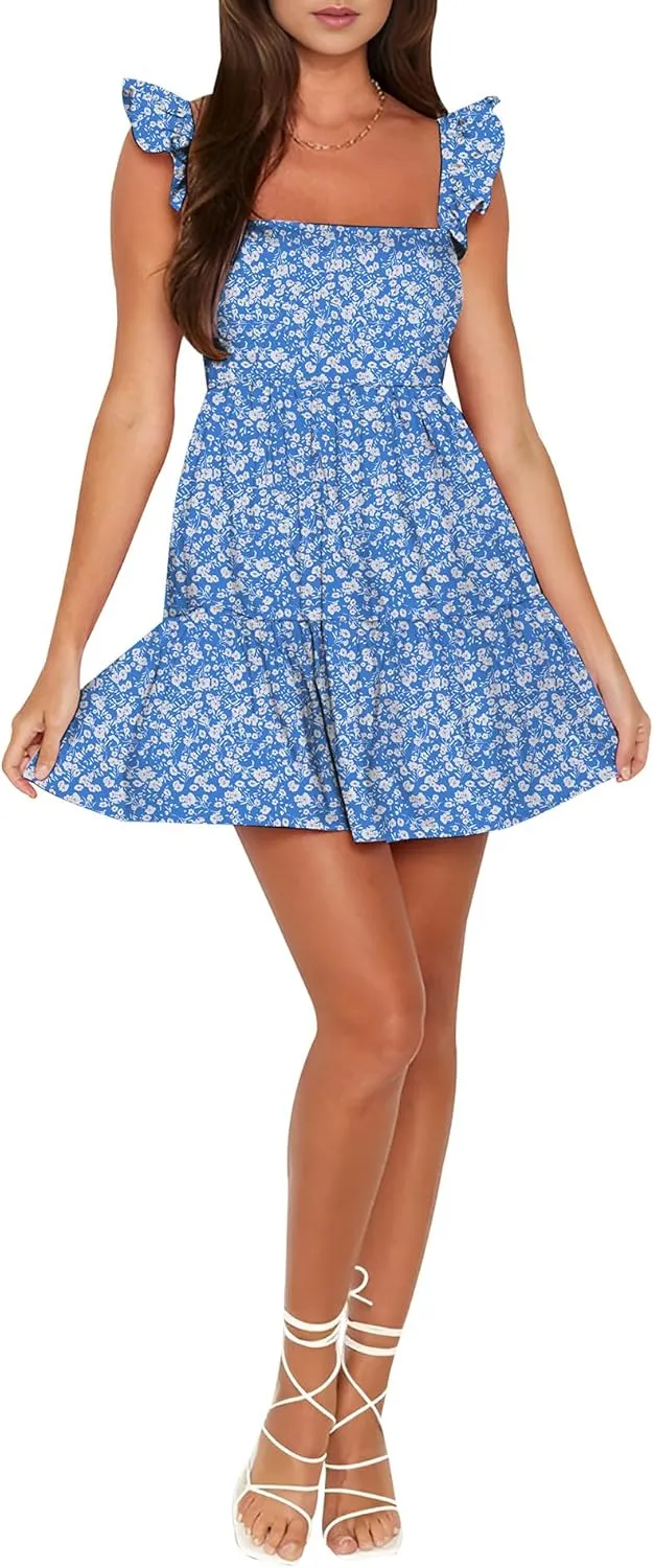 AIMCOO Women's Ruffle Sleeve Summer Sundress Cute Tiered Mini Babydoll Dress A-Line Flowy Short Swing Dresses with Pockets