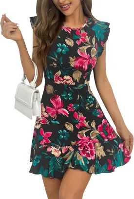 AIMCOO Women's Summer Flutter Sleeves Mini Dress Crewneck Ruffle Hem Casual Short Dresses Elegant Boho Floral A-Line Dress