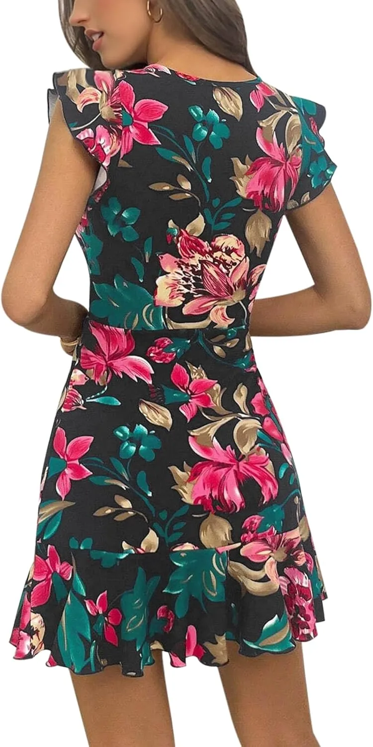 AIMCOO Women's Summer Flutter Sleeves Mini Dress Crewneck Ruffle Hem Casual Short Dresses Elegant Boho Floral A-Line Dress