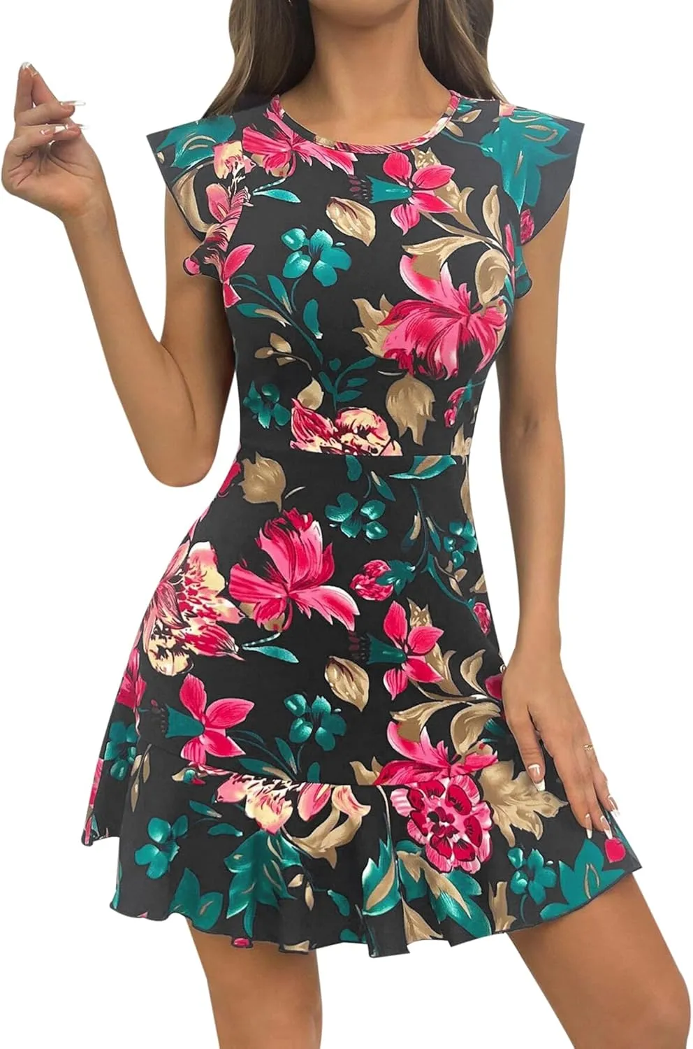 AIMCOO Women's Summer Flutter Sleeves Mini Dress Crewneck Ruffle Hem Casual Short Dresses Elegant Boho Floral A-Line Dress