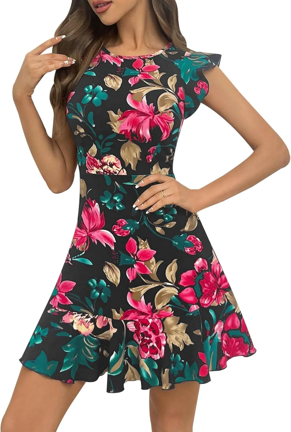 AIMCOO Women's Summer Flutter Sleeves Mini Dress Crewneck Ruffle Hem Casual Short Dresses Elegant Boho Floral A-Line Dress