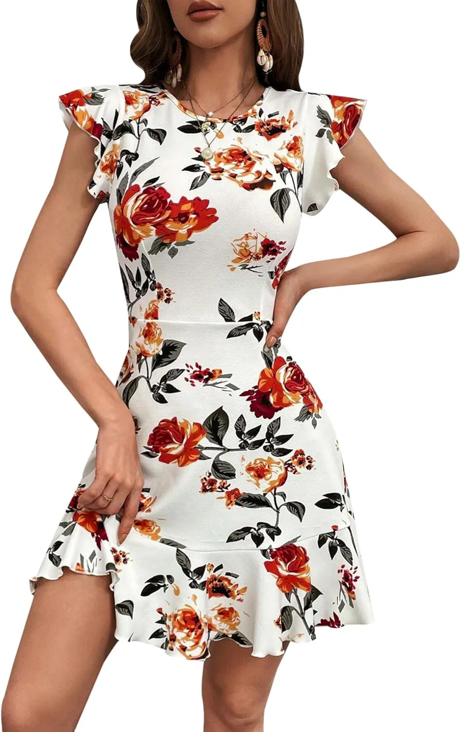AIMCOO Women's Summer Flutter Sleeves Mini Dress Crewneck Ruffle Hem Casual Short Dresses Elegant Boho Floral A-Line Dress