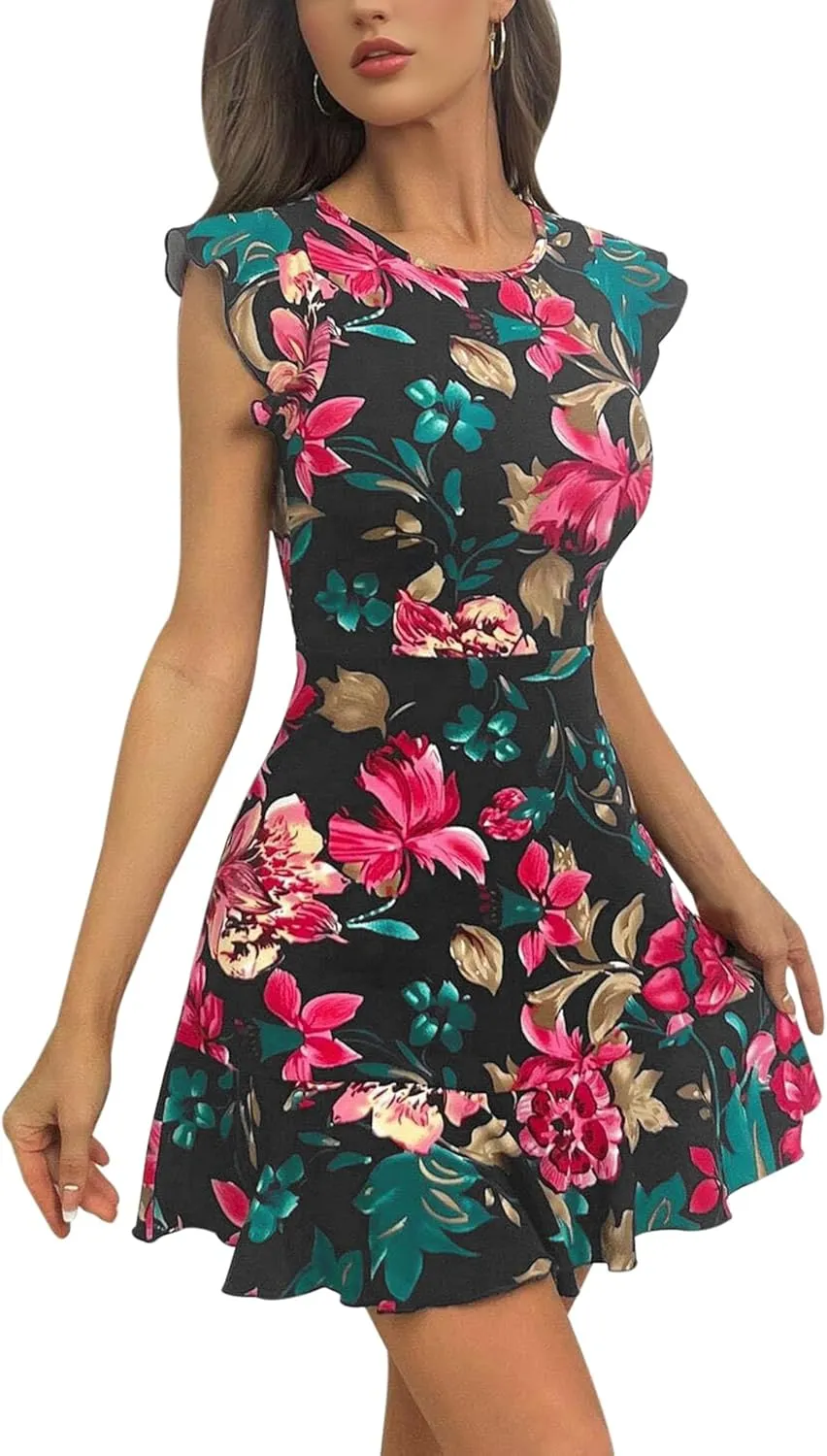 AIMCOO Women's Summer Flutter Sleeves Mini Dress Crewneck Ruffle Hem Casual Short Dresses Elegant Boho Floral A-Line Dress
