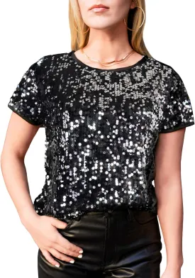 Anna-Kaci Women's Sparkly Sequin Top Short Sleeve Glitter Concert Party Disco Shirt Blouse