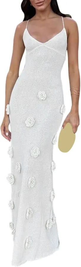 Bowanadacles Woman Summer 3D Flower Spaghetti Strap Knit Midi Dress Solid Color Slim Fit Long Dress Tie Up Back Beach Dress
