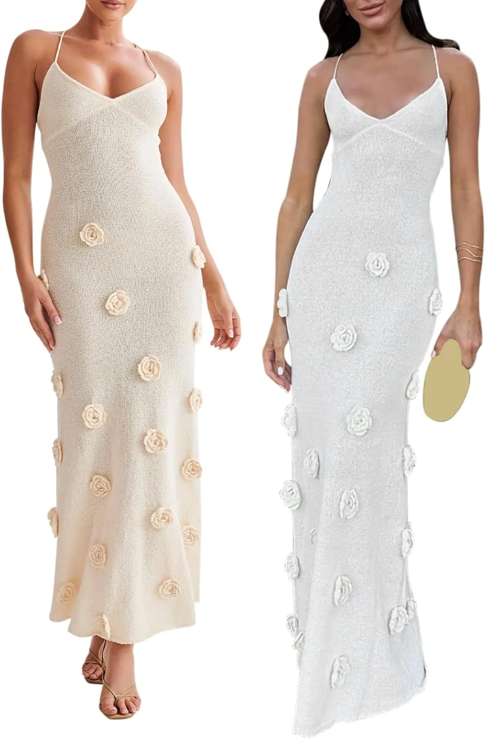 Bowanadacles Woman Summer 3D Flower Spaghetti Strap Knit Midi Dress Solid Color Slim Fit Long Dress Tie Up Back Beach Dress