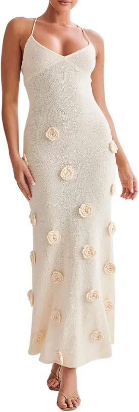 Bowanadacles Woman Summer 3D Flower Spaghetti Strap Knit Midi Dress Solid Color Slim Fit Long Dress Tie Up Back Beach Dress