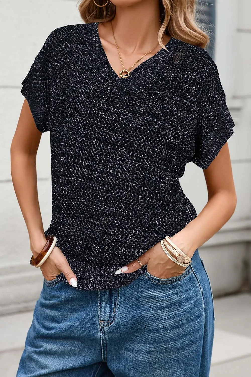 Cakulo Summer Crochet Tops for Women 2025 Short Sleeve V Neck Hollow Out Knit Beach Cover Up Casual Sweater Top