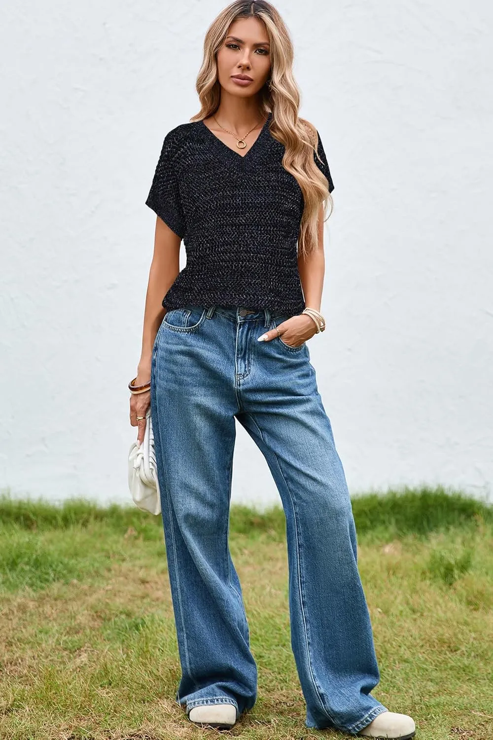 Cakulo Summer Crochet Tops for Women 2025 Short Sleeve V Neck Hollow Out Knit Beach Cover Up Casual Sweater Top