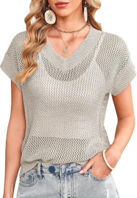 Cakulo Summer Crochet Tops for Women 2025 Short Sleeve V Neck Hollow Out Knit Beach Cover Up Casual Sweater Top