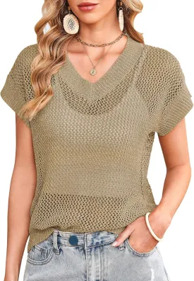 Cakulo Summer Crochet Tops for Women 2025 Short Sleeve V Neck Hollow Out Knit Beach Cover Up Casual Sweater Top