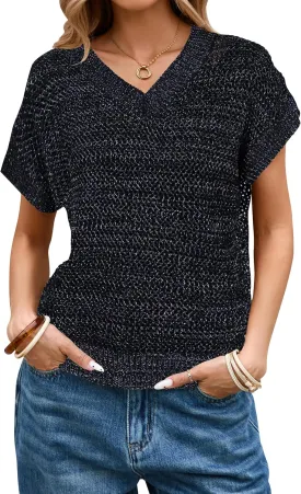 Cakulo Summer Crochet Tops for Women 2025 Short Sleeve V Neck Hollow Out Knit Beach Cover Up Casual Sweater Top