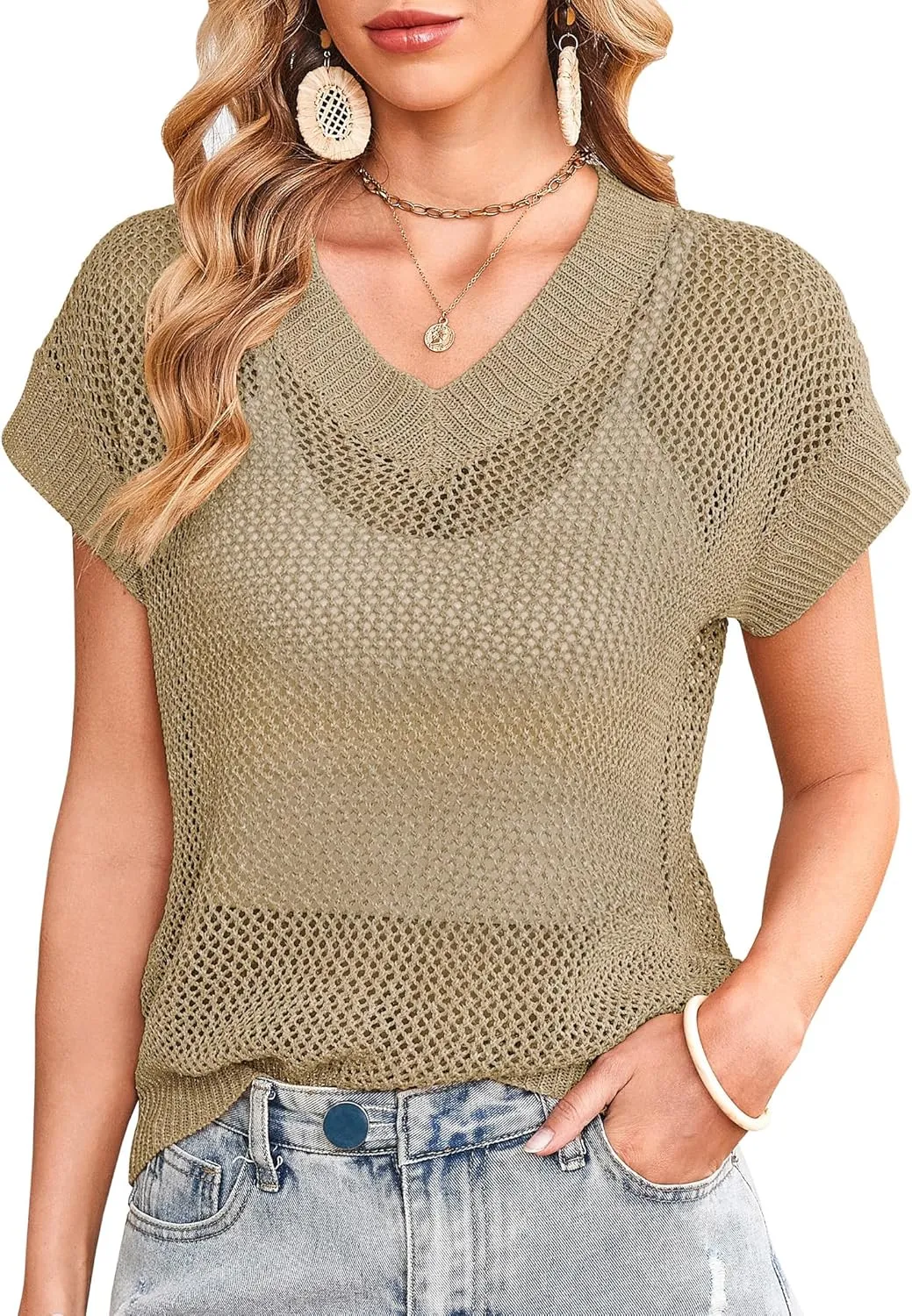 Cakulo Summer Crochet Tops for Women 2025 Short Sleeve V Neck Hollow Out Knit Beach Cover Up Casual Sweater Top