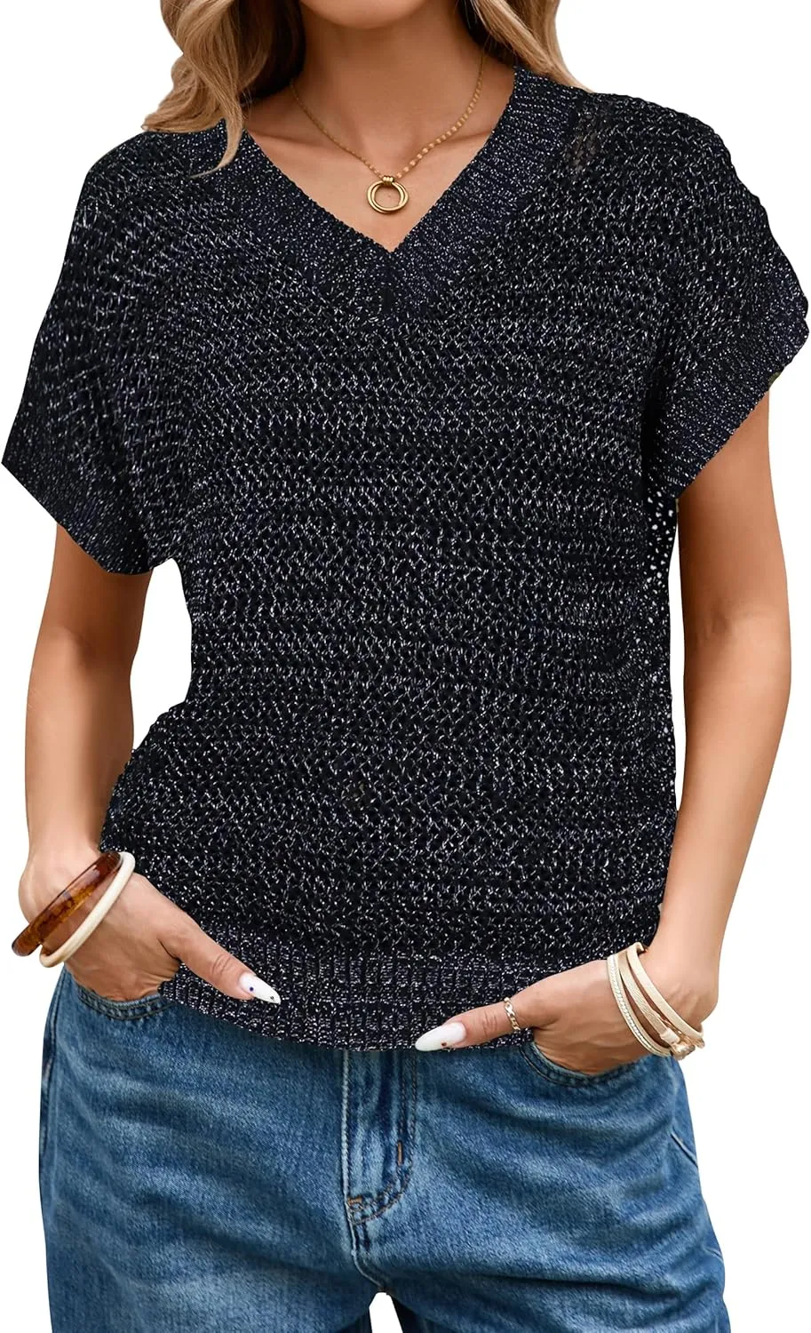 Cakulo Summer Crochet Tops for Women 2025 Short Sleeve V Neck Hollow Out Knit Beach Cover Up Casual Sweater Top