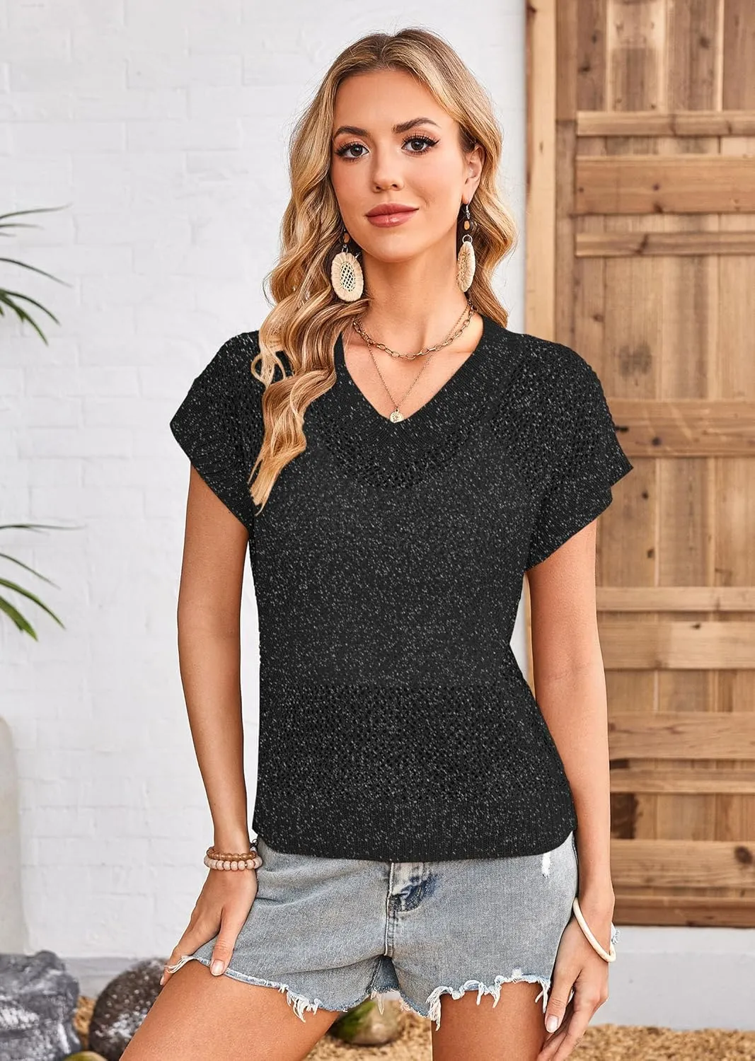 Cakulo Summer Crochet Tops for Women 2025 Short Sleeve V Neck Hollow Out Knit Beach Cover Up Casual Sweater Top