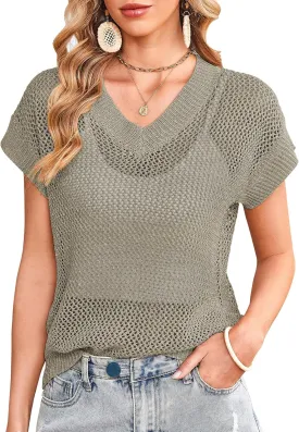 Cakulo Summer Crochet Tops for Women 2025 Short Sleeve V Neck Hollow Out Knit Beach Cover Up Casual Sweater Top