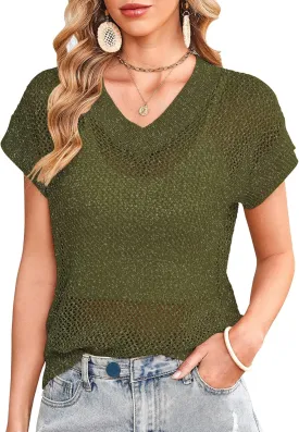 Cakulo Summer Crochet Tops for Women 2025 Short Sleeve V Neck Hollow Out Knit Beach Cover Up Casual Sweater Top