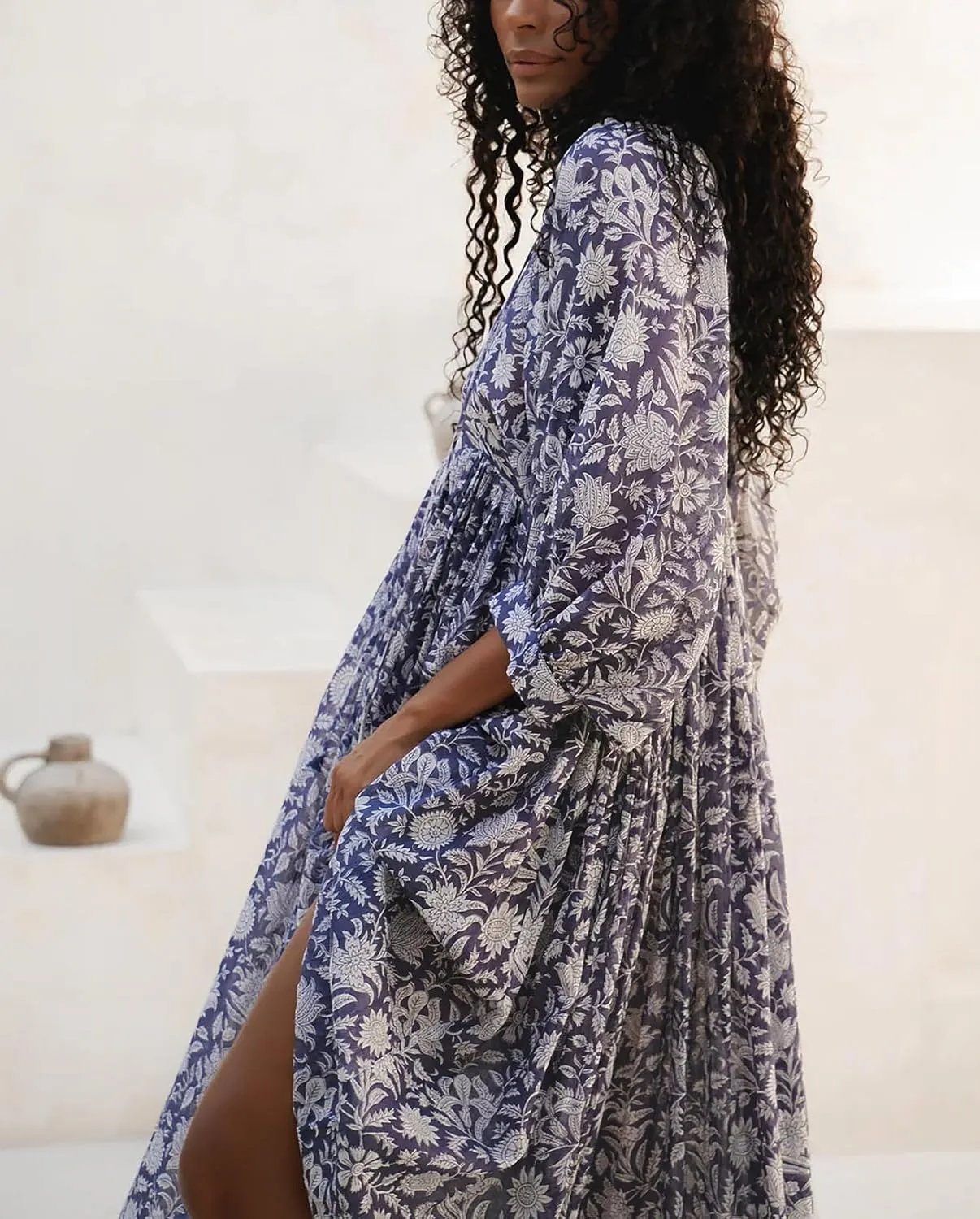 Casual Summer Dresses for Women Swing Floral Half Open Collar Boho Puff Sleeve Loose Midi Beach Dress