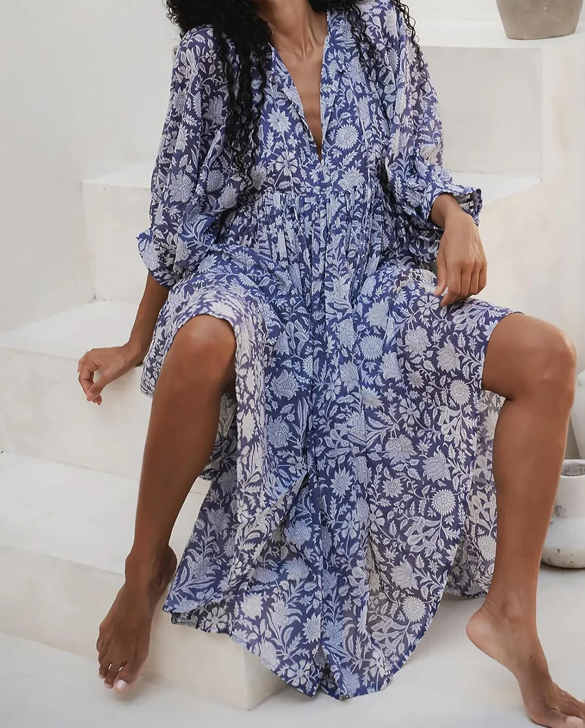 Casual Summer Dresses for Women Swing Floral Half Open Collar Boho Puff Sleeve Loose Midi Beach Dress