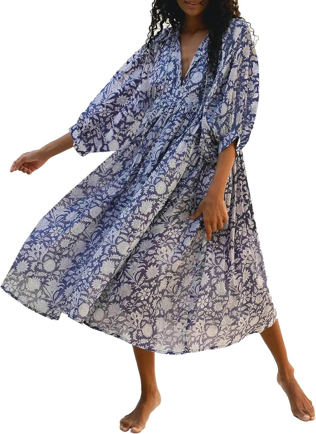 Casual Summer Dresses for Women Swing Floral Half Open Collar Boho Puff Sleeve Loose Midi Beach Dress