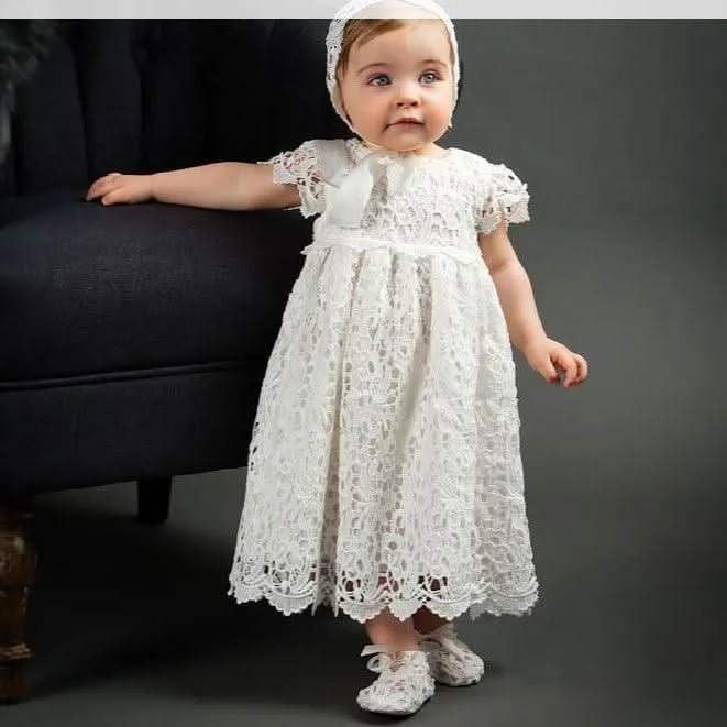 Children's classic lace short sleeved dress elegant pure white hollow bow baby birthday party girl princess dress