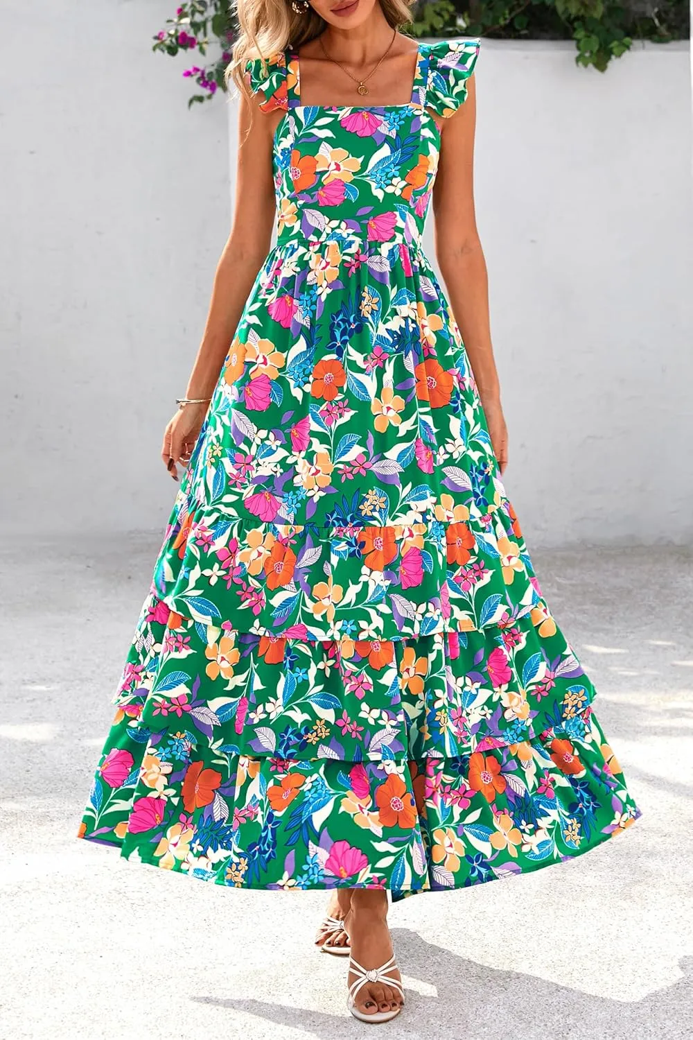dowerme Summer Dresses for Women 2025 Casual Ruffle Smocked Tiered A-Line Boho Floral Maxi Beach Sun Dress with Pockets