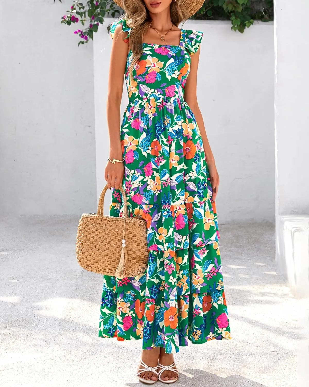 dowerme Summer Dresses for Women 2025 Casual Ruffle Smocked Tiered A-Line Boho Floral Maxi Beach Sun Dress with Pockets