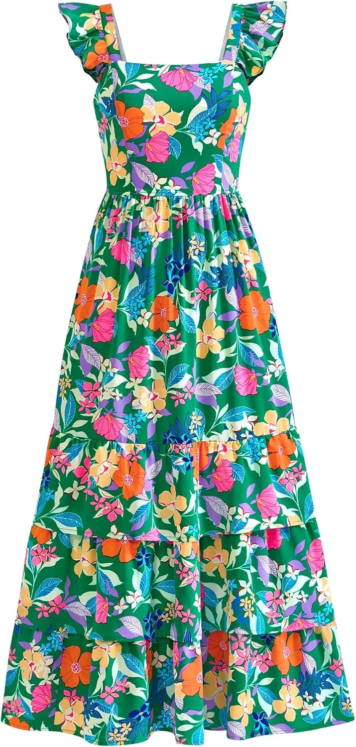 dowerme Summer Dresses for Women 2025 Casual Ruffle Smocked Tiered A-Line Boho Floral Maxi Beach Sun Dress with Pockets
