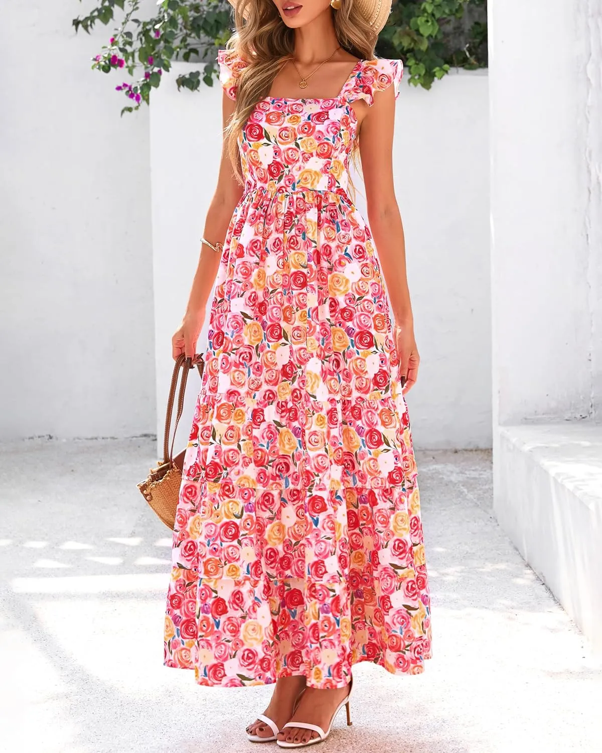 dowerme Summer Dresses for Women 2025 Casual Ruffle Smocked Tiered A-Line Boho Floral Maxi Beach Sun Dress with Pockets