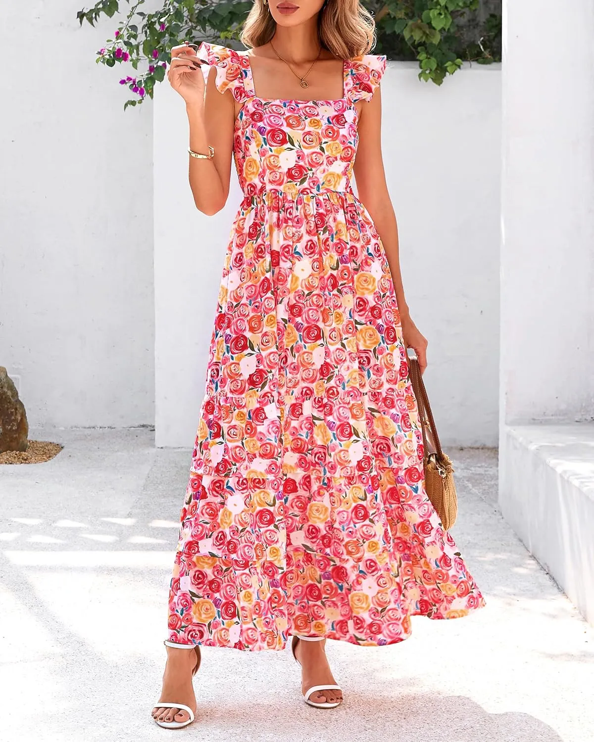 dowerme Summer Dresses for Women 2025 Casual Ruffle Smocked Tiered A-Line Boho Floral Maxi Beach Sun Dress with Pockets