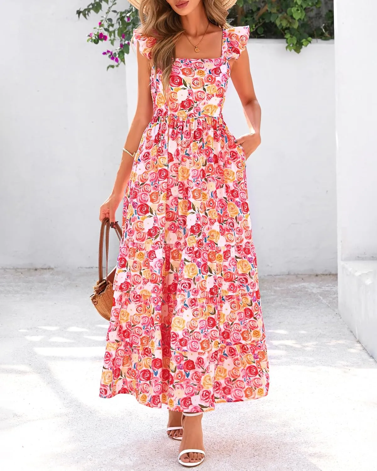 dowerme Summer Dresses for Women 2025 Casual Ruffle Smocked Tiered A-Line Boho Floral Maxi Beach Sun Dress with Pockets