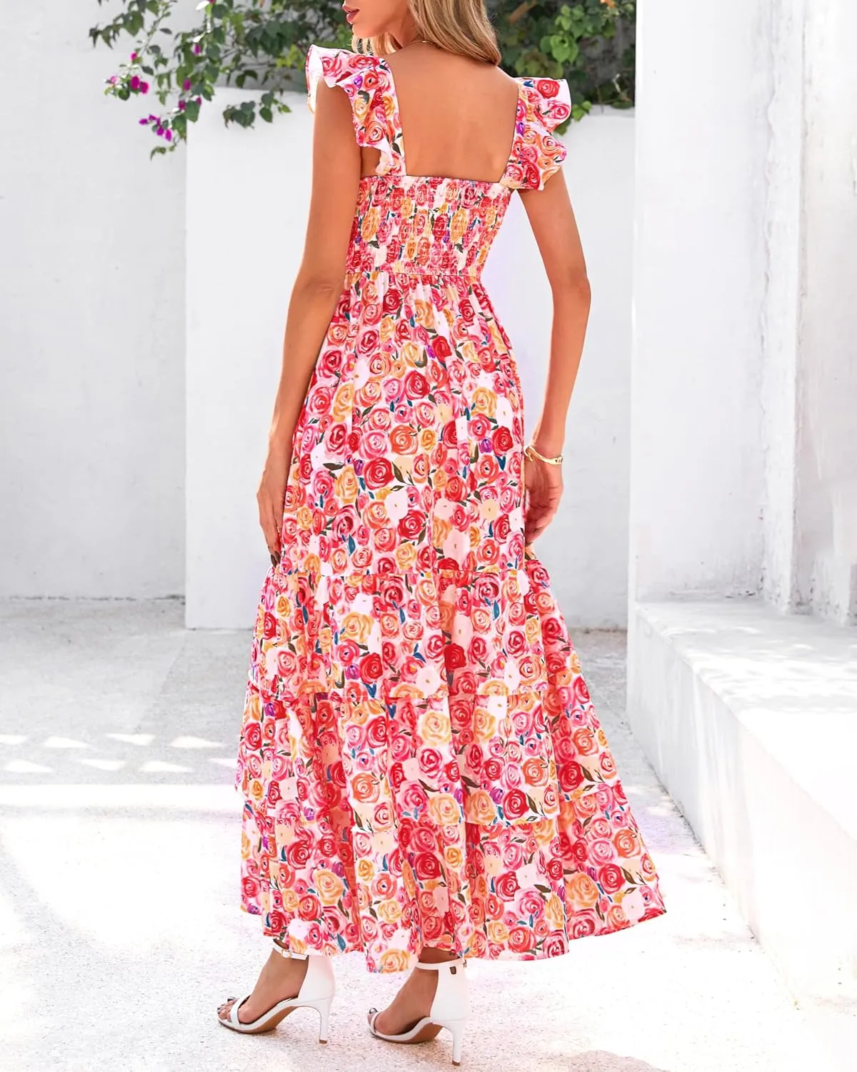 dowerme Summer Dresses for Women 2025 Casual Ruffle Smocked Tiered A-Line Boho Floral Maxi Beach Sun Dress with Pockets