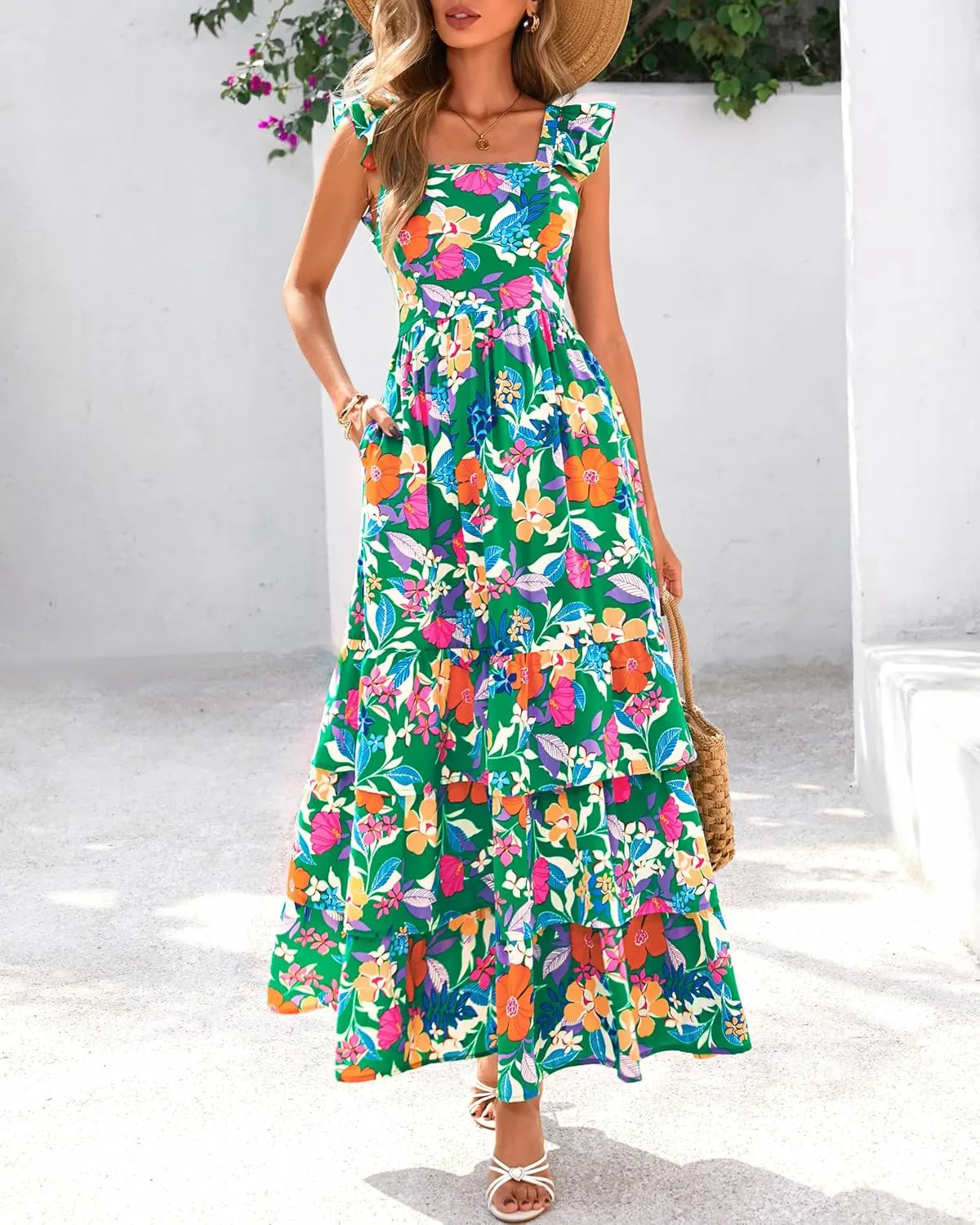dowerme Summer Dresses for Women 2025 Casual Ruffle Smocked Tiered A-Line Boho Floral Maxi Beach Sun Dress with Pockets