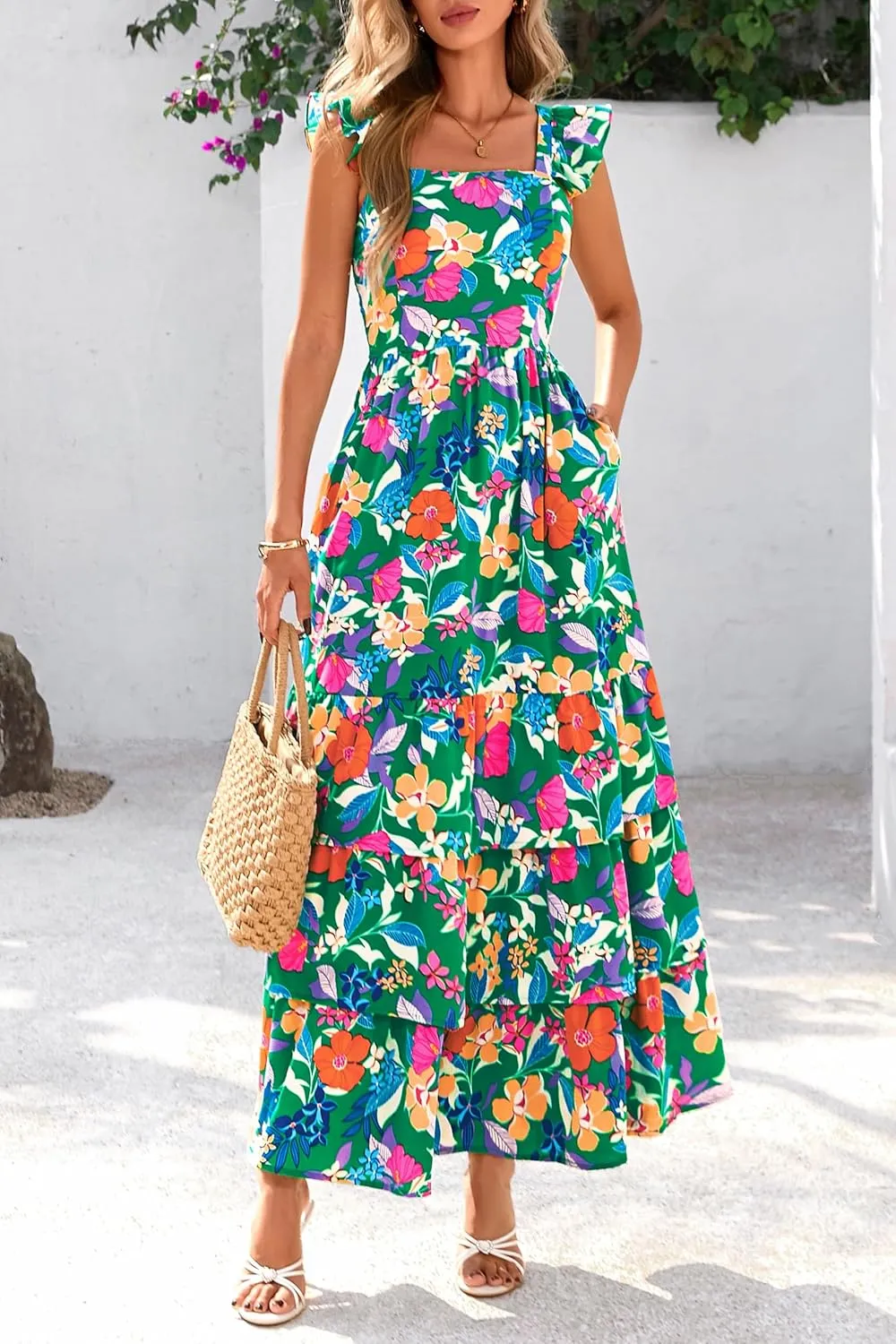 dowerme Summer Dresses for Women 2025 Casual Ruffle Smocked Tiered A-Line Boho Floral Maxi Beach Sun Dress with Pockets