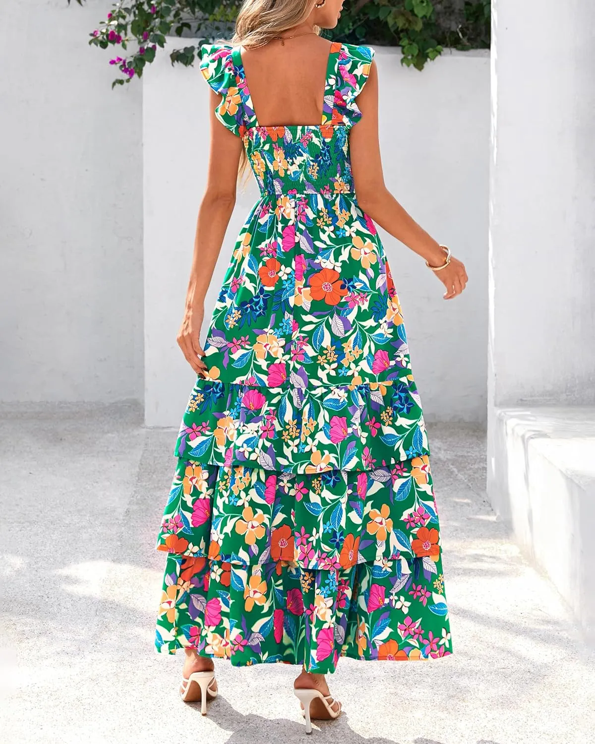 dowerme Summer Dresses for Women 2025 Casual Ruffle Smocked Tiered A-Line Boho Floral Maxi Beach Sun Dress with Pockets